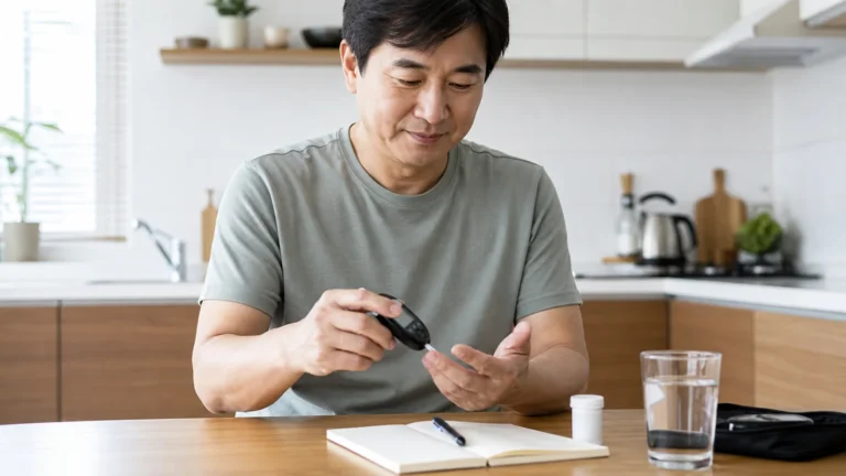 집에서 혈당측정기로 손가락 혈당을 확인하는 중년 남성