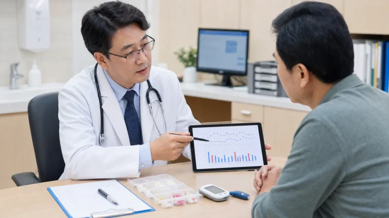 의사가 당뇨 환자에게 혈당 그래프와 약물 치료를 설명하는 모습