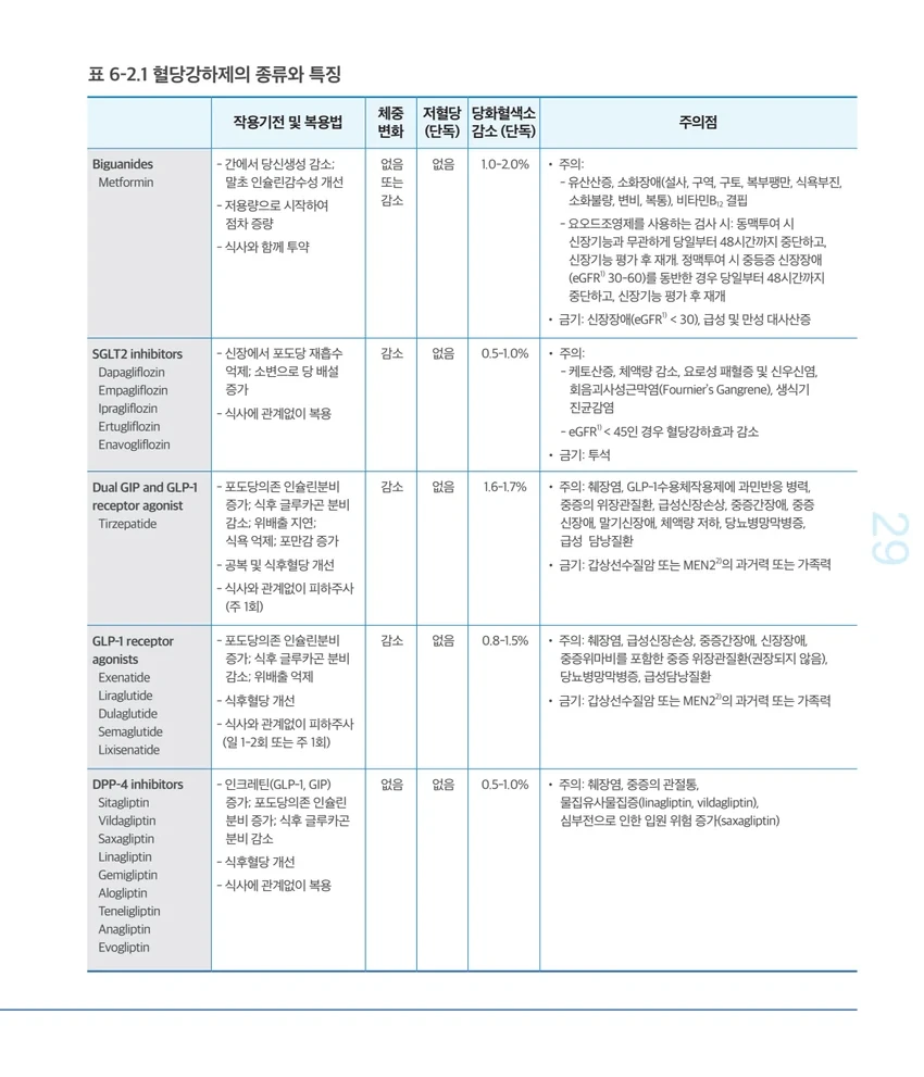 2025 당뇨병 진료지침의 혈당강하제 종류와 특징 표
