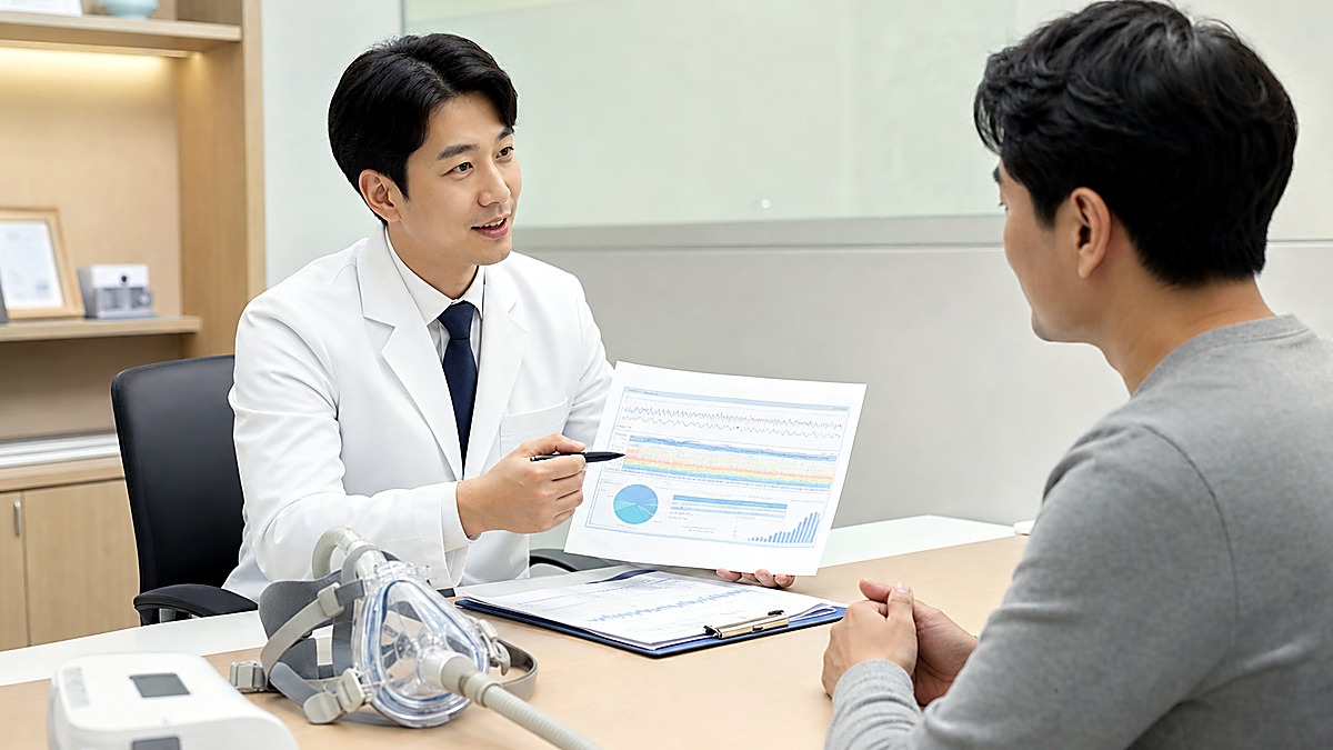 의사가 수면검사 결과지를 보며 상담하는 사진