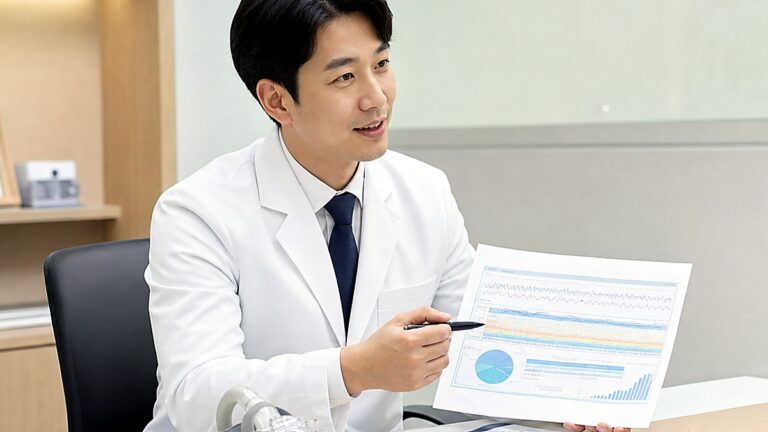 의사가 코골이와 수면검사 상담을 하는 사진