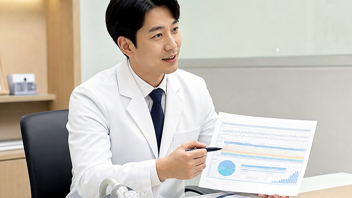 의사가 코골이와 수면검사 상담을 하는 사진