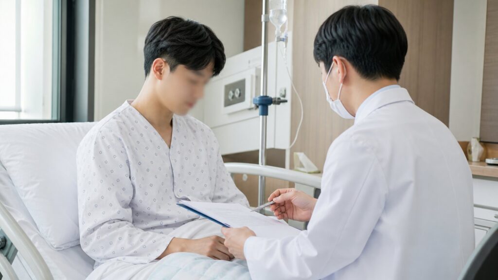 맹장염 수술 후 입원비 실비 청구 서류를 설명하는 병실 장면