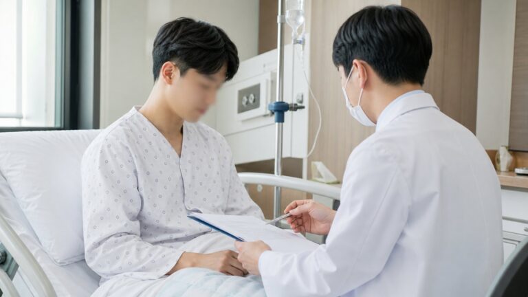 맹장염 수술 후 입원비 실비 청구 서류를 설명하는 병실 장면