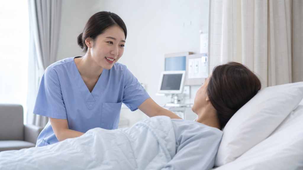 난자채취 후 회복실에서 간호사 설명을 듣는 장면