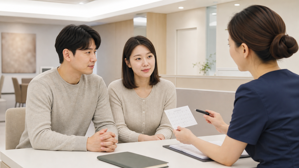 배아이식 후 피검사 일정을 상담하는 부부