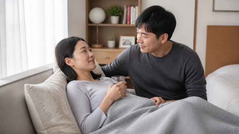 배아이식 후 집에서 휴식하는 부부