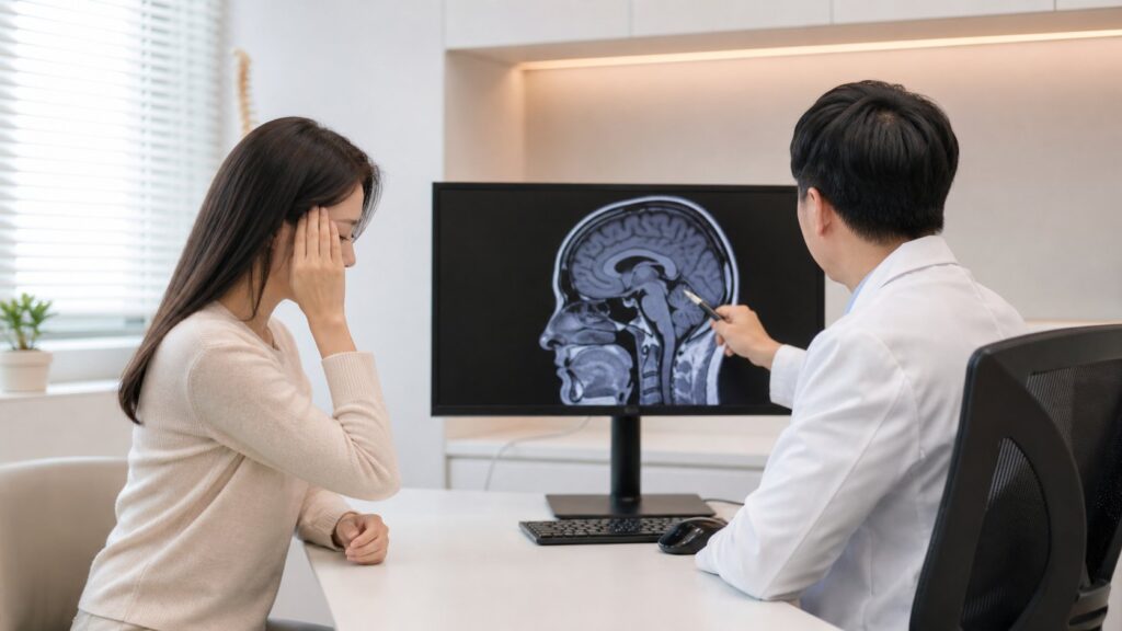 두통 뇌 MRI 검사 후 실비 청구 기준을 설명하는 진료 장면