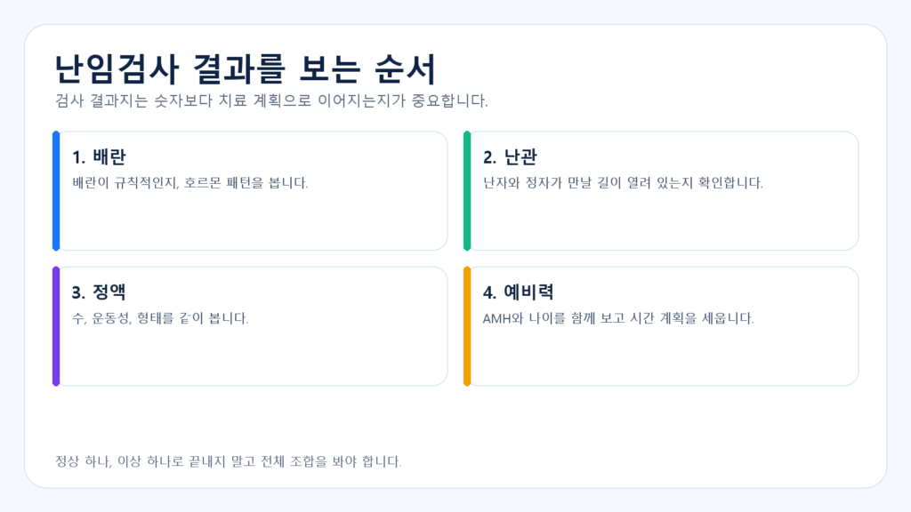 난임검사 결과를 배란 난관 정액 AMH 순서로 보는 도표