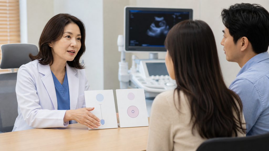 인공수정과 시험관아기 차이를 설명하는 난임 진료 상담 장면