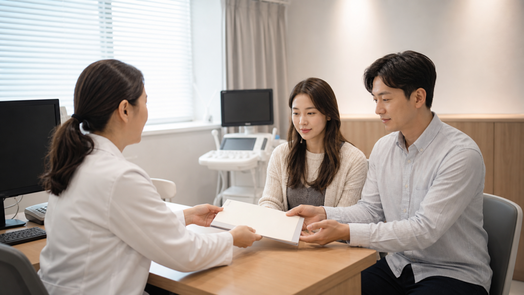 난임치료휴가 제출서류를 병원에서 안내받는 부부