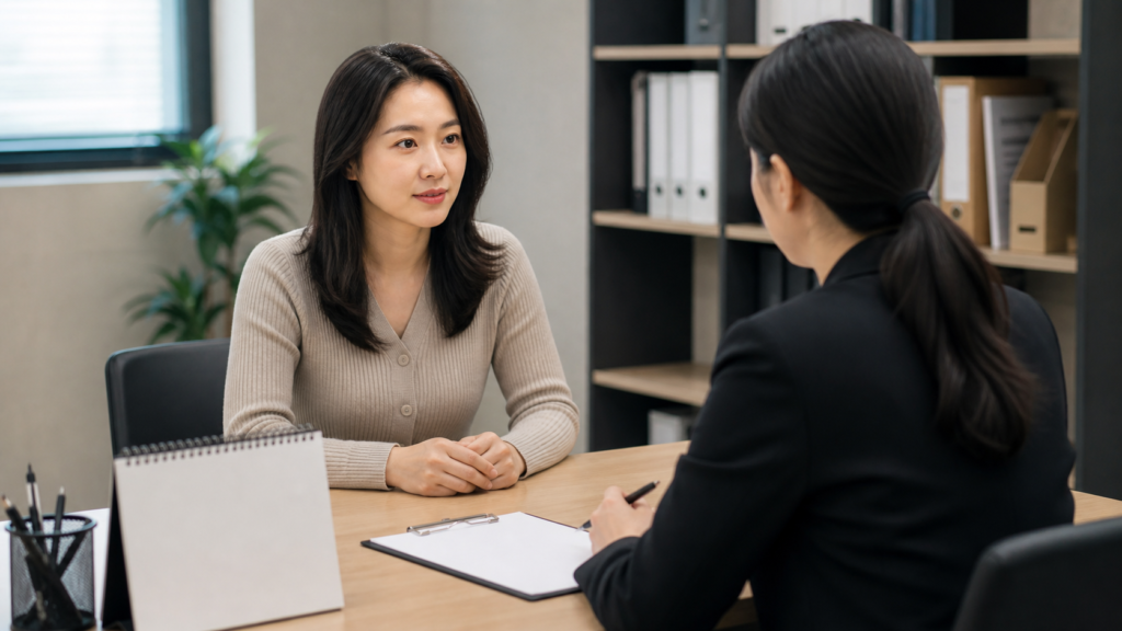 난임치료휴가 신청을 회사 인사담당자와 조용히 상담하는 여성