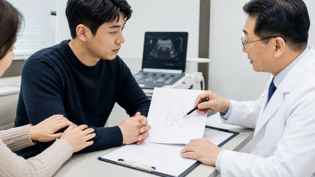 정계정맥류와 시험관 치료 선택을 상담하는 남성