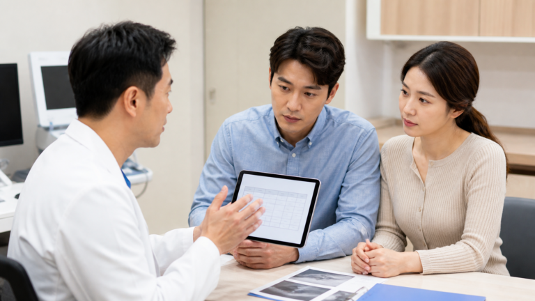 남성난임 치료 방법을 비뇨의학과 의사와 상담하는 부부