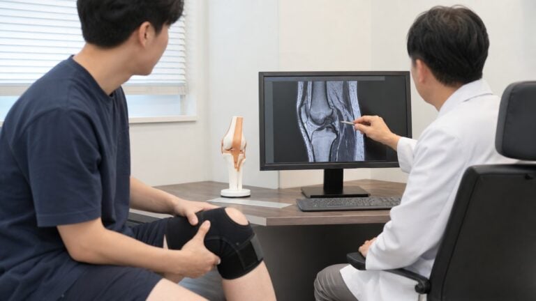 반월상연골파열 무릎 MRI 실비 청구 서류를 설명하는 진료 장면