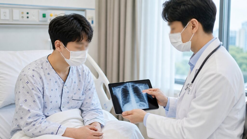 폐렴 입원 중 흉부 영상과 실비 청구 서류를 설명하는 진료 장면