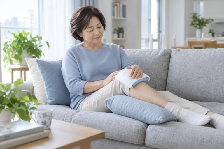 천으로 감싼 냉찜질 팩을 무릎 위에 올린 여성