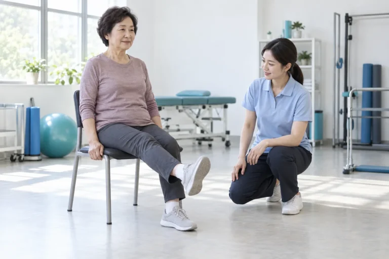 치료사의 안내로 가벼운 무릎 운동을 하는 여성