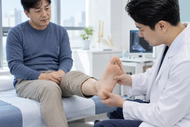진료실에서 발뒤꿈치와 발바닥의 통증 부위를 확인하는 모습