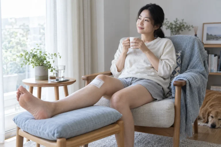 작은 무릎 드레싱을 하고 집에서 쉬는 여성