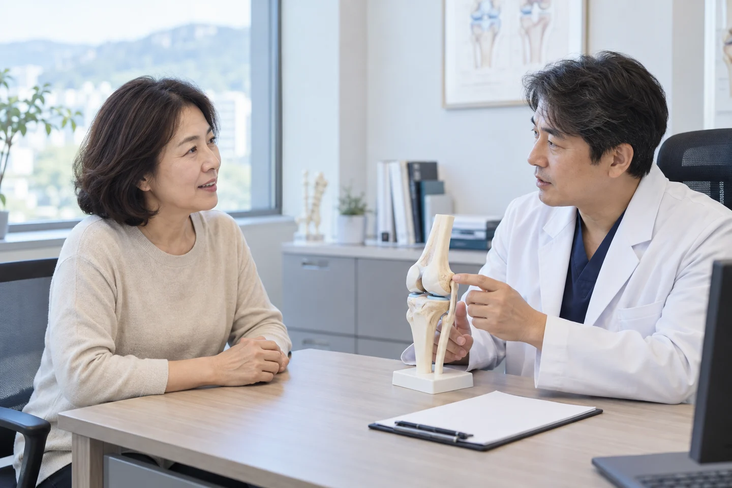 무릎 모형으로 주사 치료 선택을 상담하는 장면