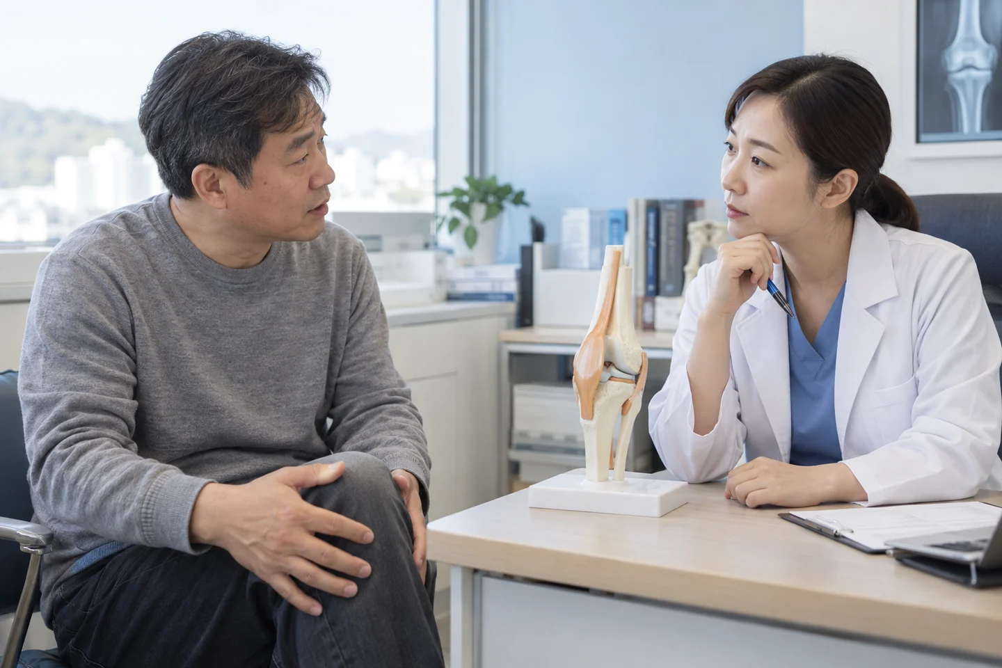 무릎 모형을 보며 치료 목표를 상담하는 장면