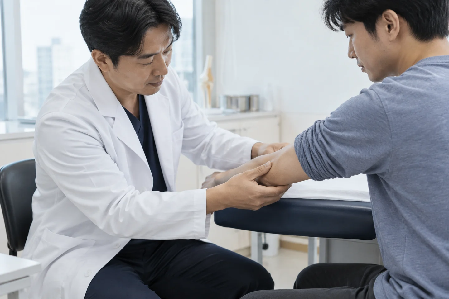 의료진이 팔꿈치 통증 부위를 진찰하는 장면