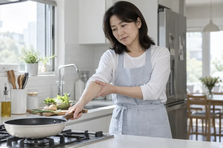 프라이팬을 들 때 팔꿈치가 불편한 여성