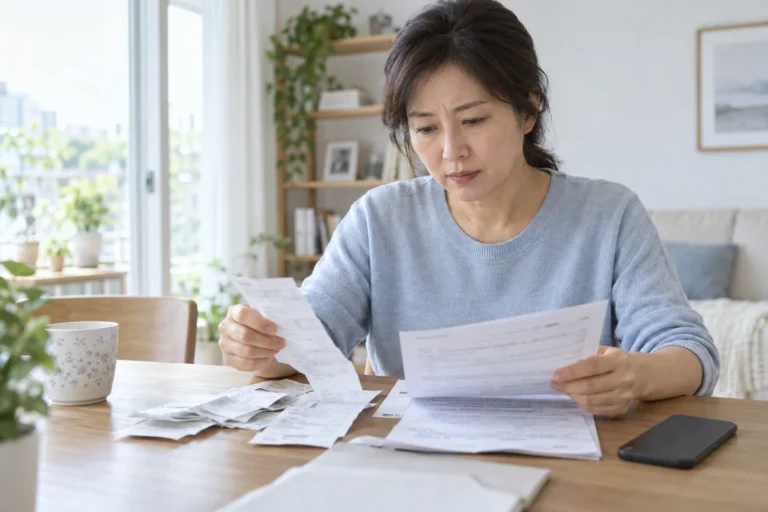 진료비 영수증과 청구서류를 정리하는 여성
