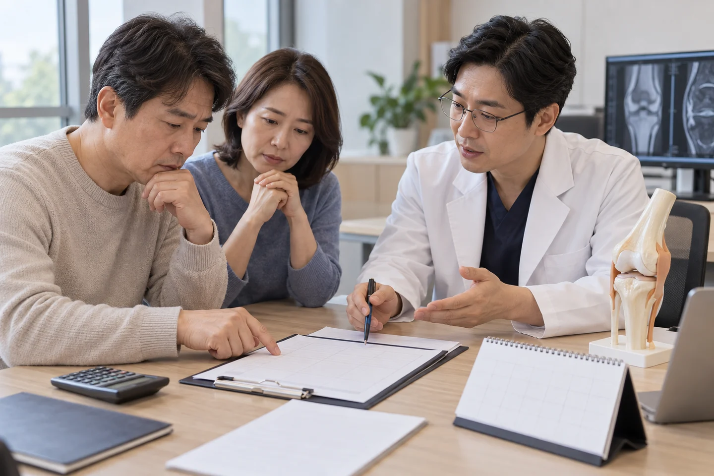 환자와 가족이 의료진과 치료 견적과 일정을 함께 확인하는 모습