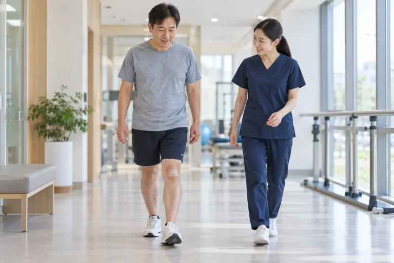 PRP 주사 후 재활의학과 복도에서 짧게 걷는 모습을 확인하는 장면