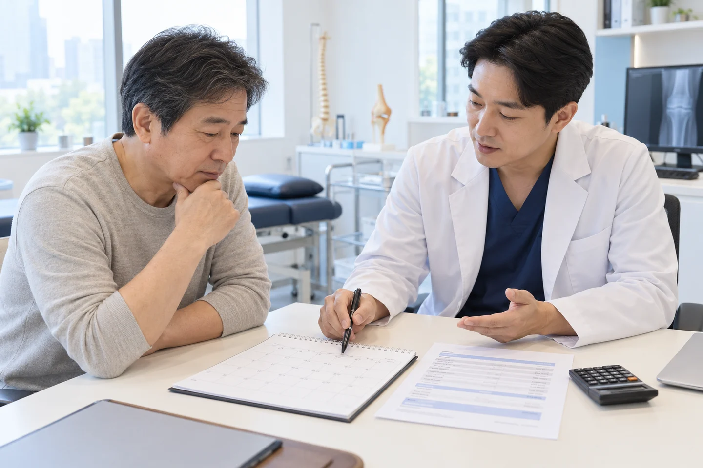 무릎 PRP 주사 횟수와 총비용을 진료실에서 상담하는 모습