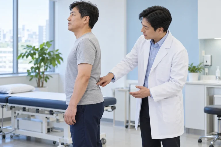 허리 통증 위치와 신경 관련 증상을 상담하는 장면