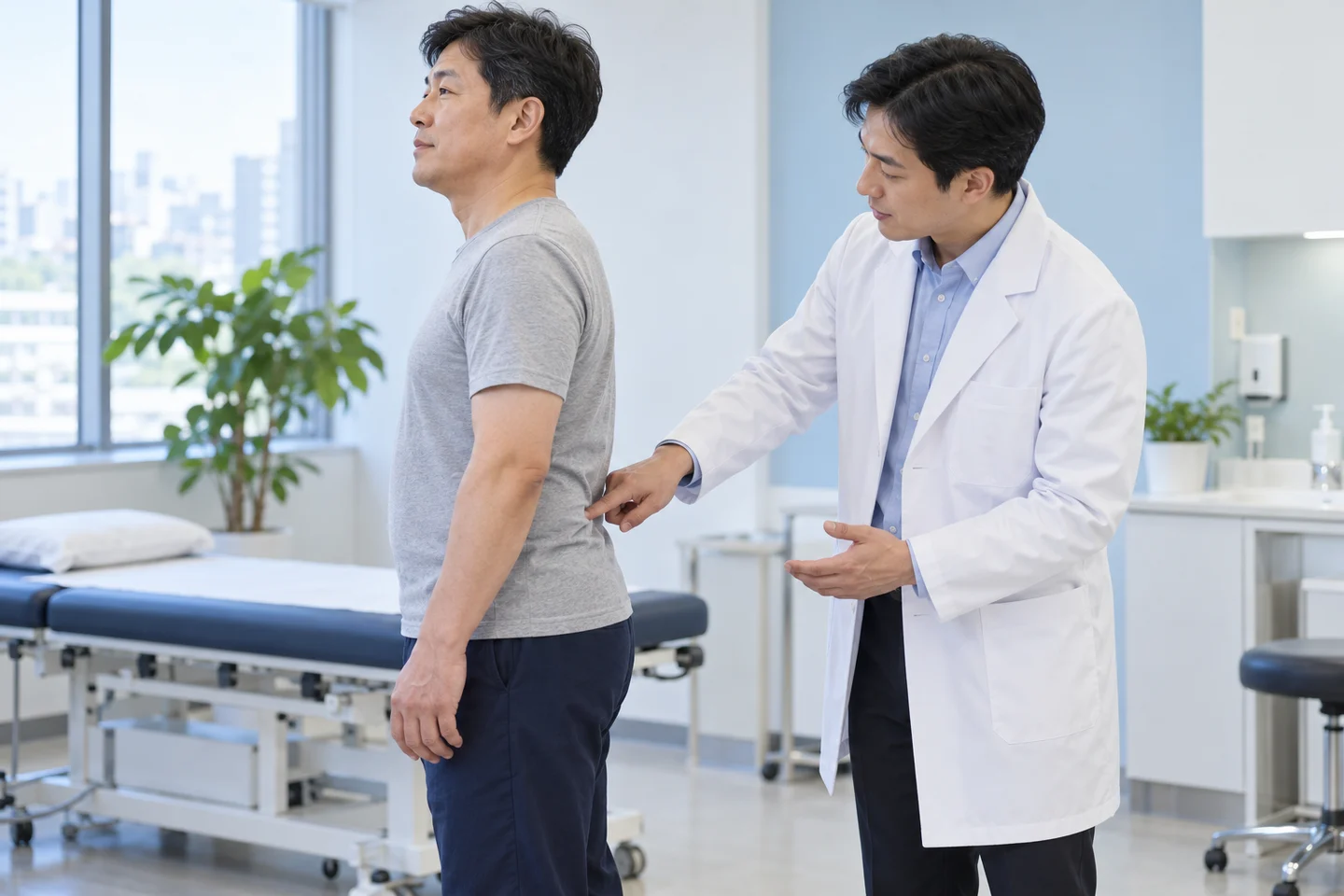 허리 통증 위치와 신경 관련 증상을 상담하는 장면