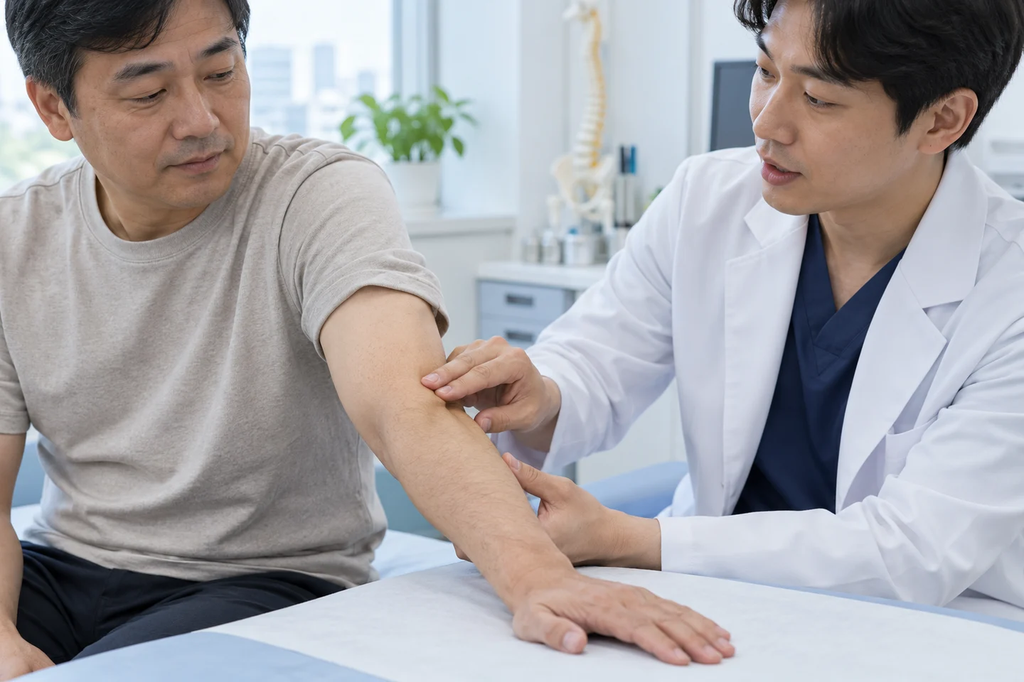 팔꿈치 바깥쪽 통증 부위를 확인하는 진찰 장면