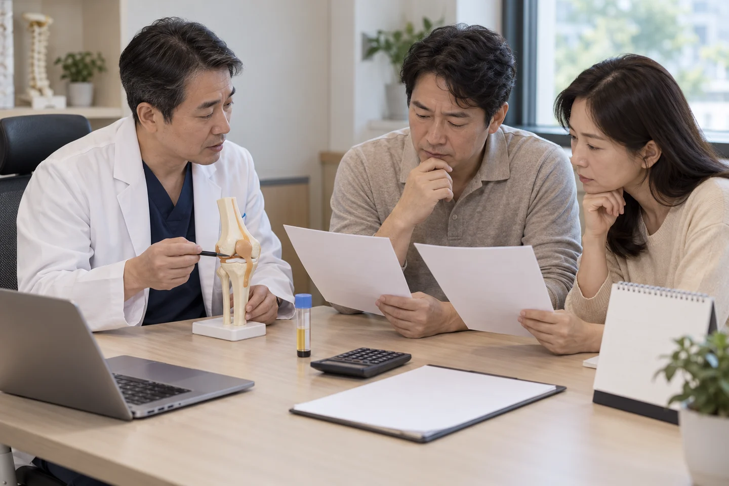 환자와 가족이 의료진과 PRP 치료 계획 두 가지를 비교하는 모습
